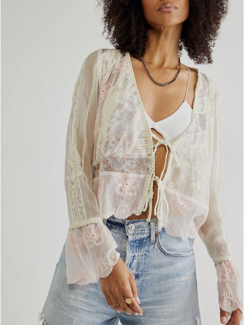 Free People Bloomfield Sheer Lace Tie-Front Blouse - Ivory Pink